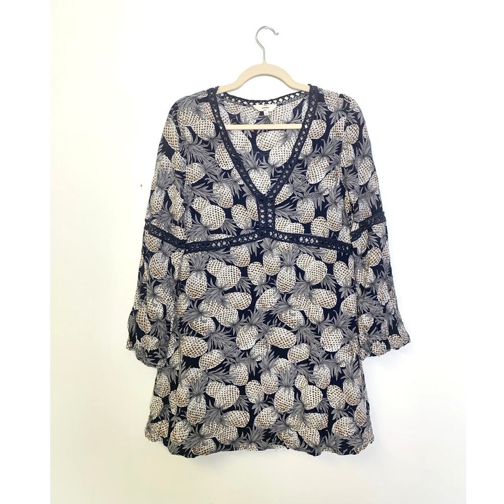 Womens M Boho Pineapple Print Shift Dress Open Crochet Resortwear Beach Swim